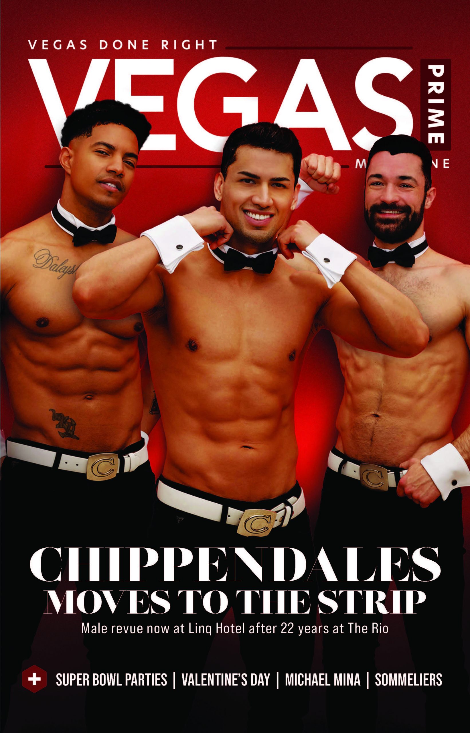 three shirtless men with bowties and white cuffs